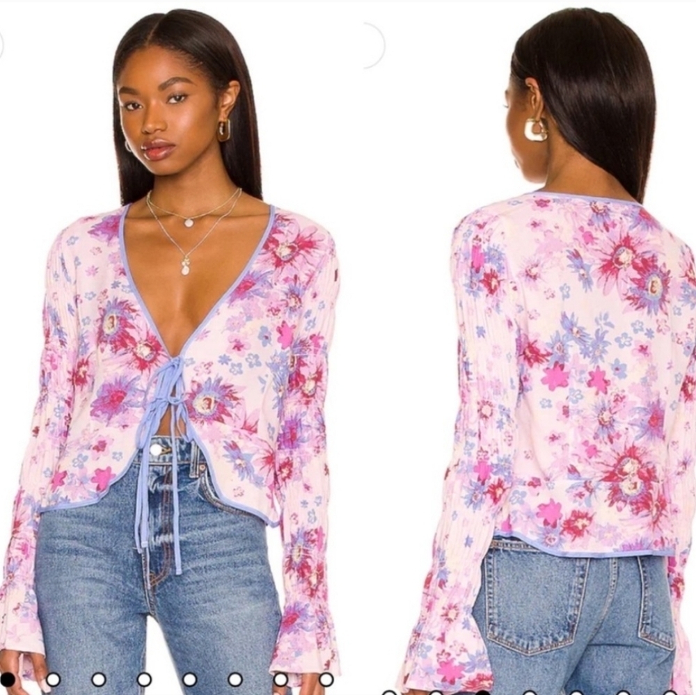 Free People Lilac Floral Tie-Front Long Sleeve Top